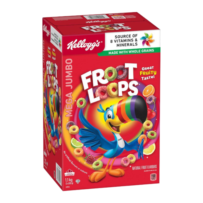 Front of Kellogg's Froot Loops Mega Jumbo Cereal box showing vibrant logo, colourful fruity loops, and a toucan mascot (1.1kg pack)