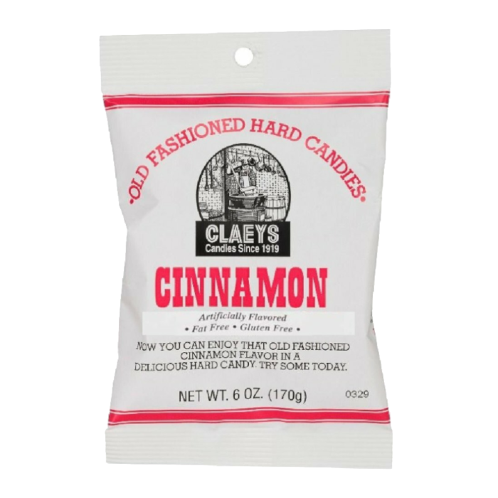 Front of Claeys Old Fashioned Candy Cinnamon bag showing brand logo, "Cinnamon" flavour text, and net weight of 170g