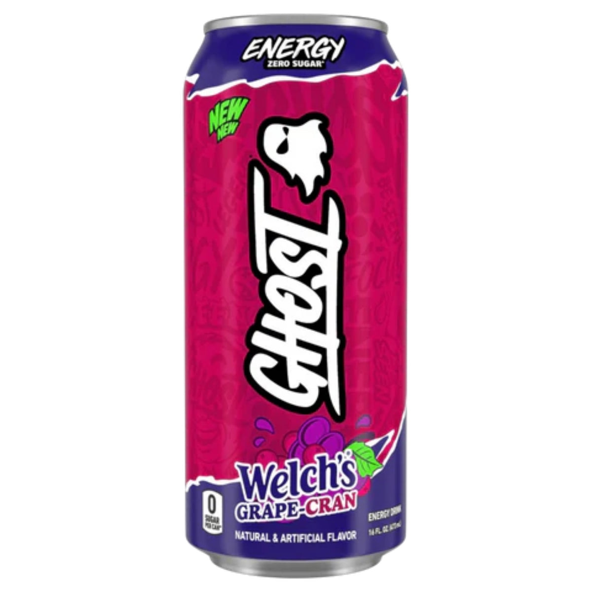 Front of Ghost Welch's Grape Cranberry Energy Drink can showing vibrant pink design with logo and flavour details, 473ml pack size.