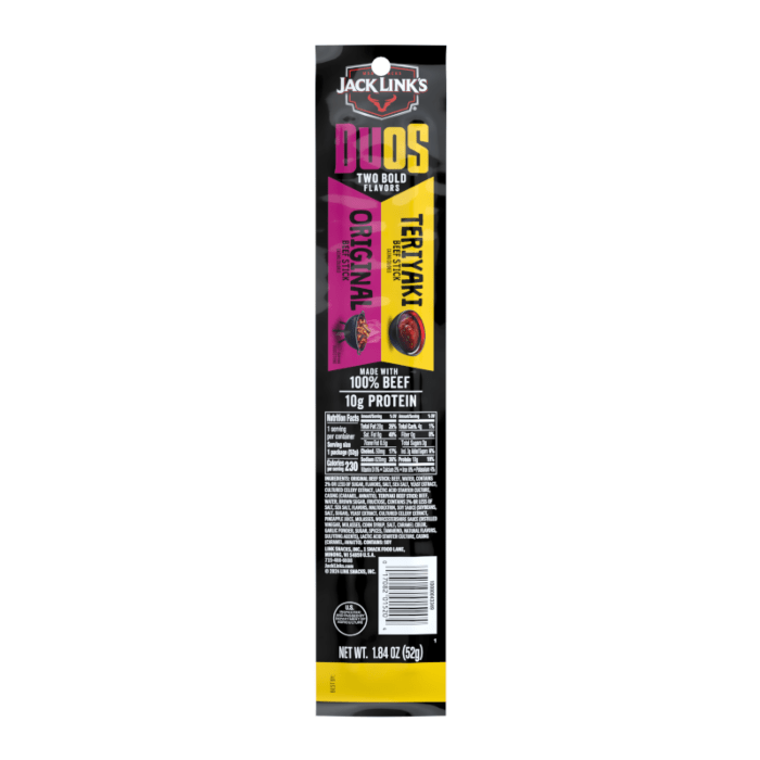 Front of Jack Link's Original+Teriyaki Beef Sticks (52g) packaging showing brand logo, two flavour options, and the weight.