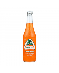 Front of Jarritos Mandarin bottle showcasing the logo, mandarin flavour label, and vibrant orange soda (370ml)