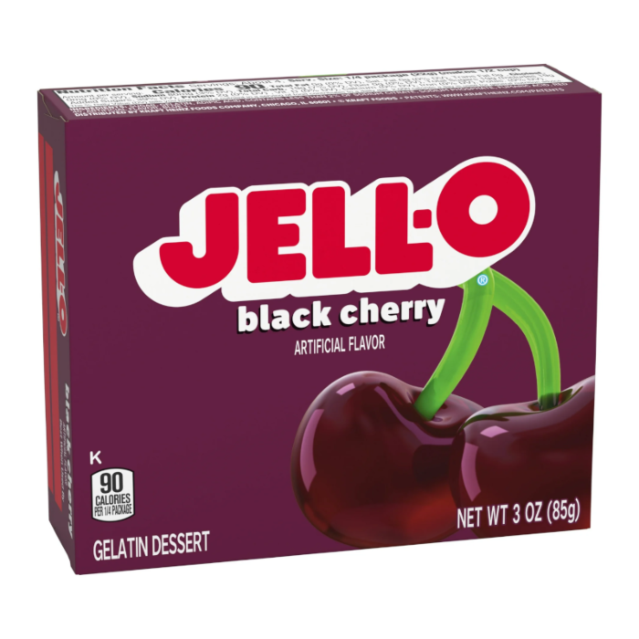 Box of Jell-O black cherry flavor on a white background