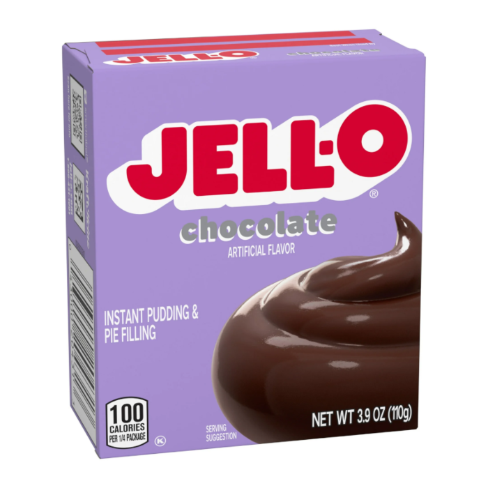 Box of Jell-O Chocolate instant pudding on a white background