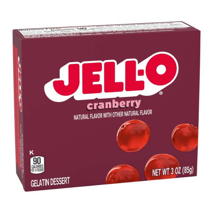 Box of Jell-O Cranberry flavor gelatin dessert on a white background