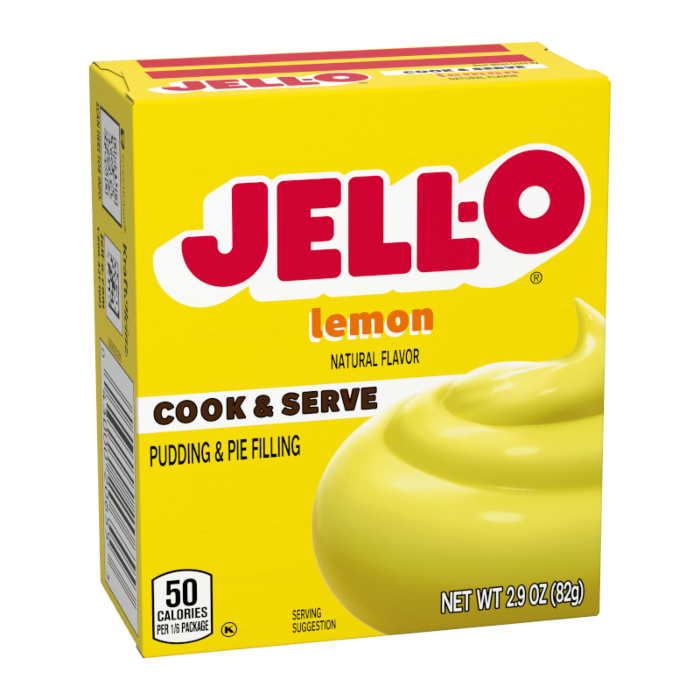 Yellow box of Jell-O lemon pudding mix on a white background
