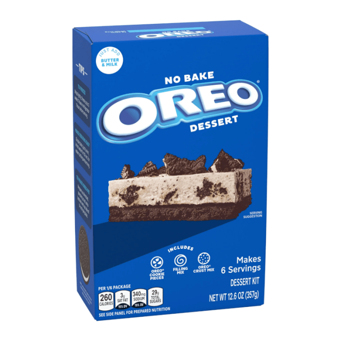 Front of Jell-O Oreo No Bake Dessert Mix box featuring blue packaging, Oreo cookie pieces, and dessert kit details (357g pack)