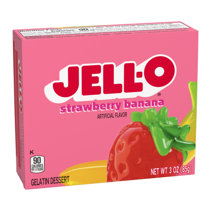Pink Jell-O strawberry banana flavor package on a white background