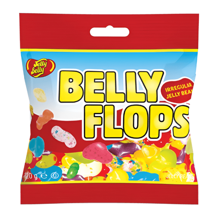 Front of Jelly Belly Belly Flops bag featuring the logo, colourful irregular jelly beans, and 120g pack size