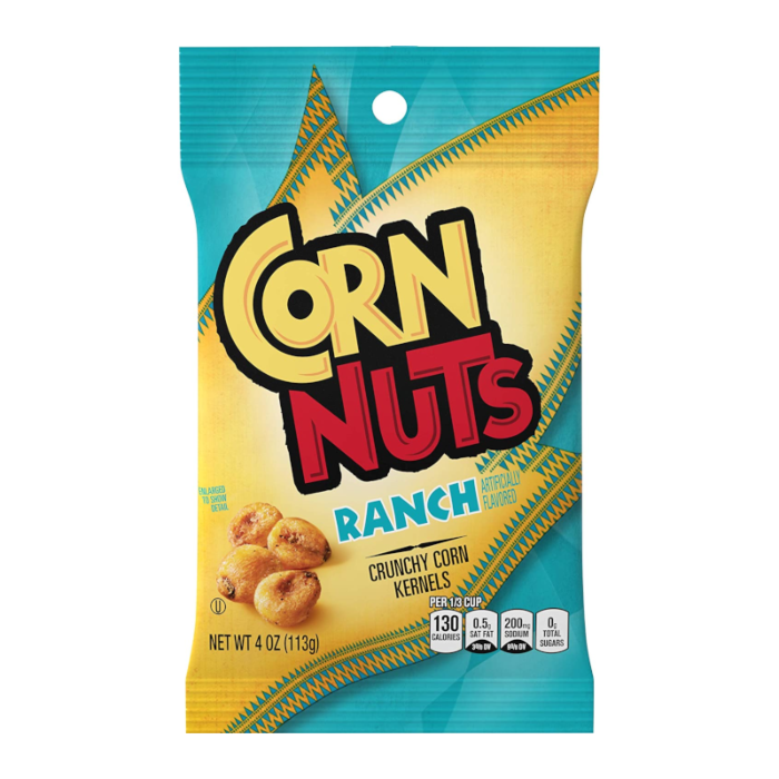Front of a Corn Nuts Ranch bag showing a vibrant logo with yellow and blue design and crunchy corn kernels (113g pack)