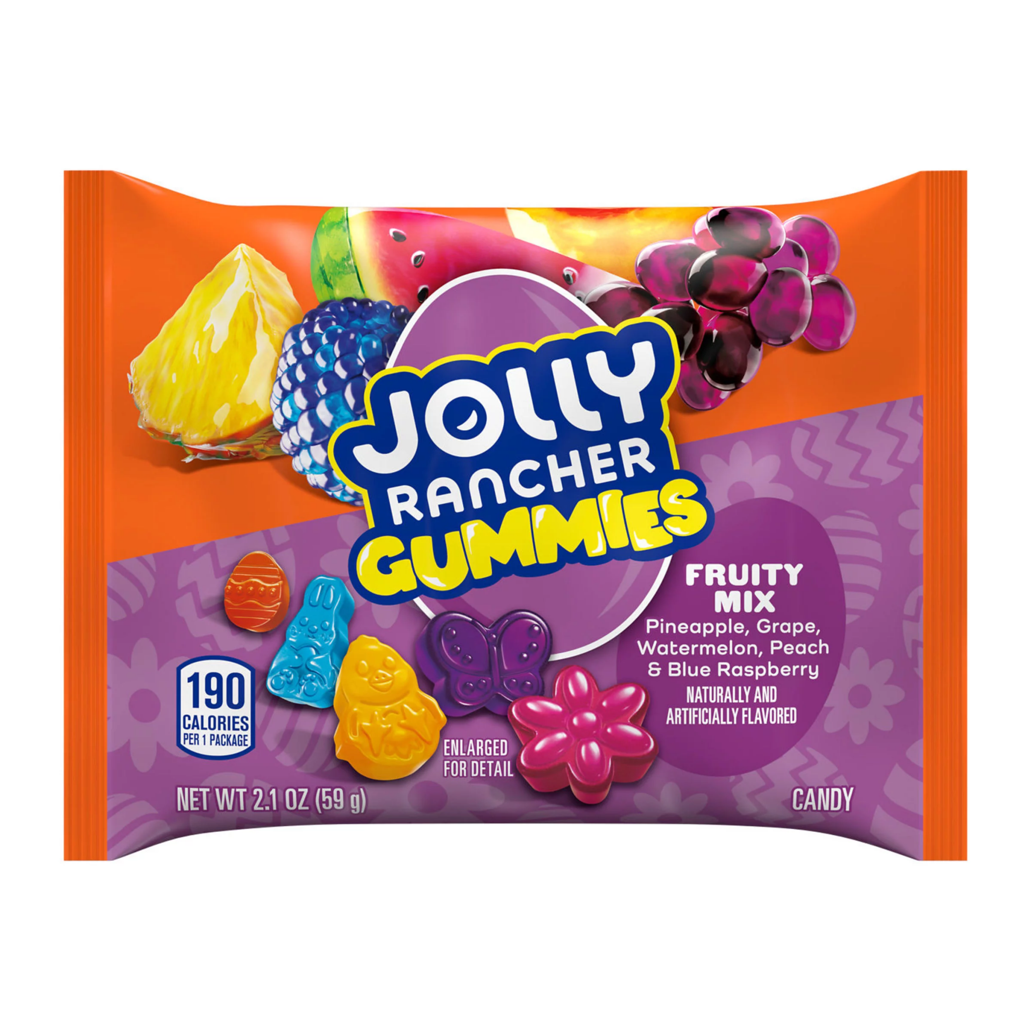 Front of Jolly Rancher Gummies Fruity Mix bag showing colourful gummy shapes, fruity flavour text, and 59g pack size.