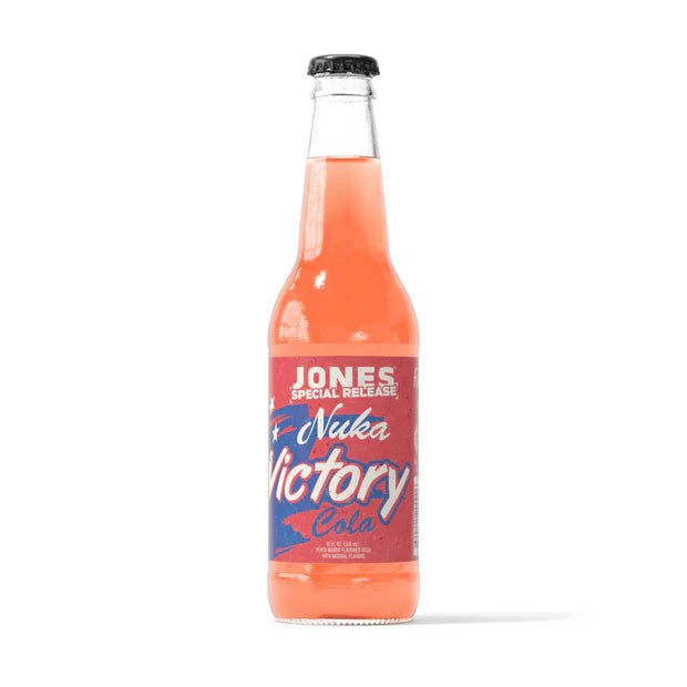Front of Jones Soda Fallout Nuka Cola Victory bottle showcasing vibrant label with logo and cola beverage (355ml)