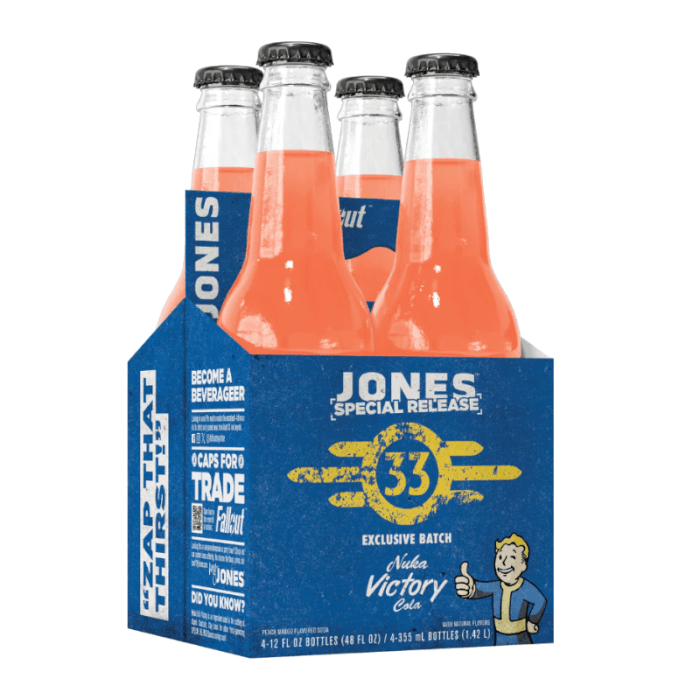 A pack of four Jones Soda bottles with a special release label for Fallout Nuka Cola Victory, featuring a red-orange colored soda.