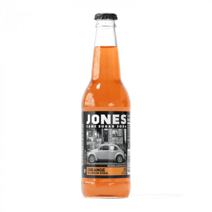 Front of Jones Soda Orange & Cream bottle displaying logo, orange and cream flavour, and 355ml pack size.