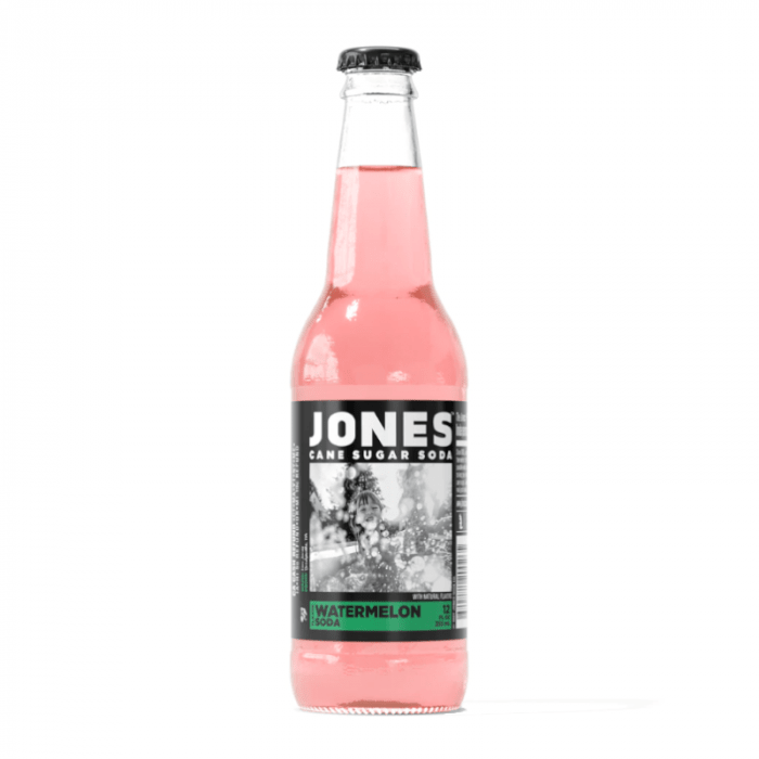 Front of Jones Soda Watermelon bottle showing the logo, watermelon flavour text, and pink soda colour (355ml)
