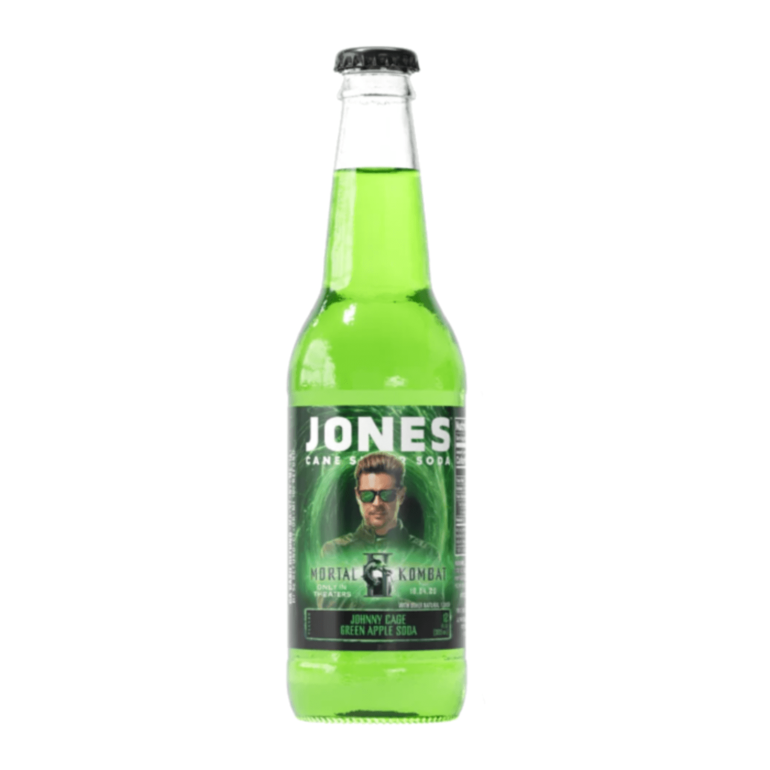 Front of Jones Soda x Mortal Kombat II Johnny Cage Green Apple bottle showing bright green soda, logo, and Johnny Cage graphic (355ml)