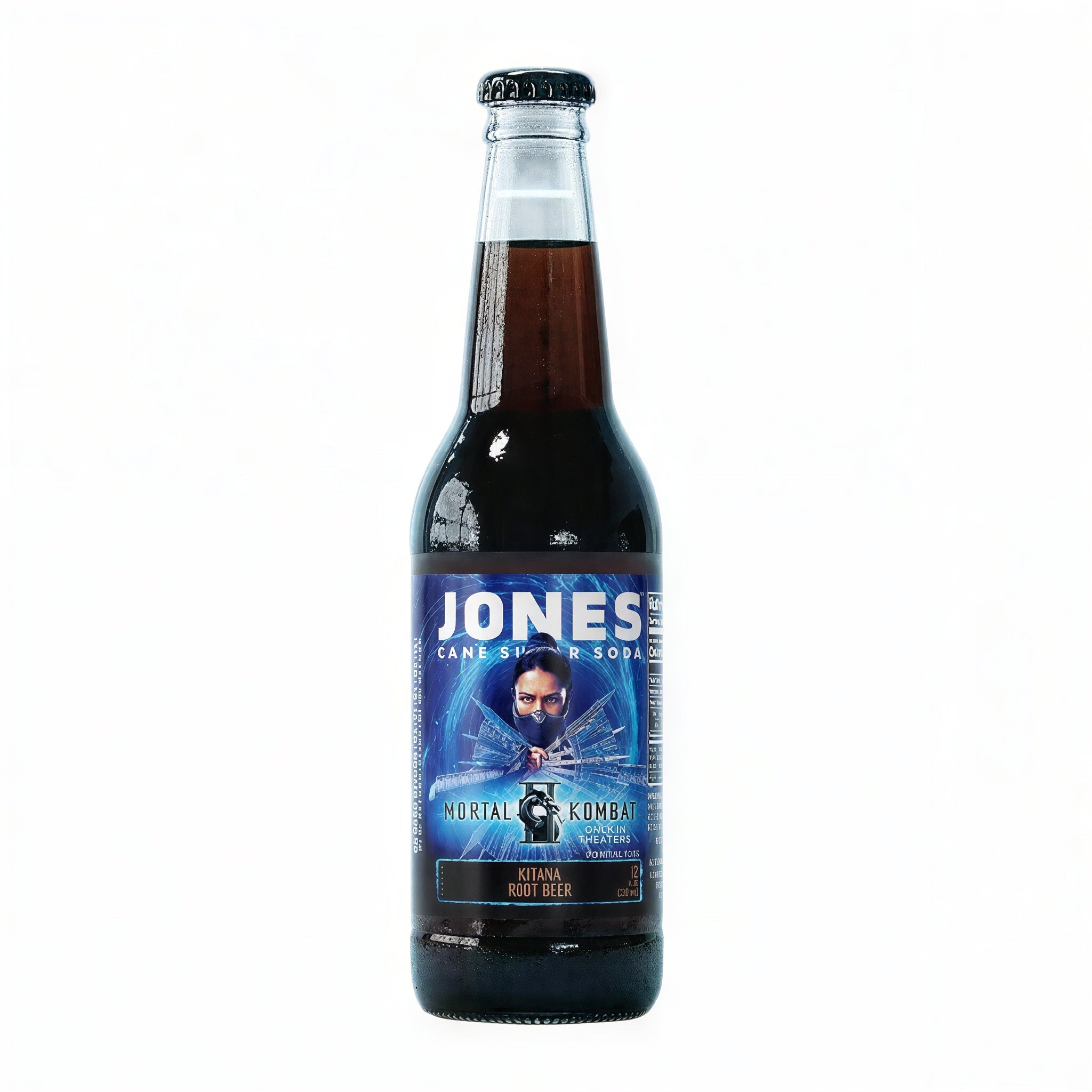A bottle of Jones Cane Sugar Soda, Mortal Kombat Root Beer, featuring a dark blue label with a graphic of the character and a black cap, set against a plain white background.