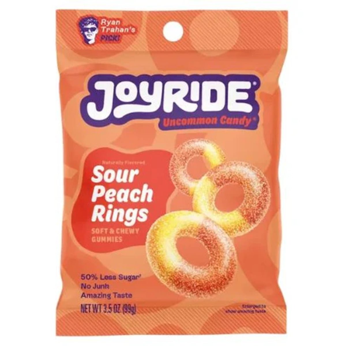 Front of Joyride Sour Peach gummy candy bag showing the logo, 'Sour Peach Rings' label, and soft gummy shapes (99g pack)