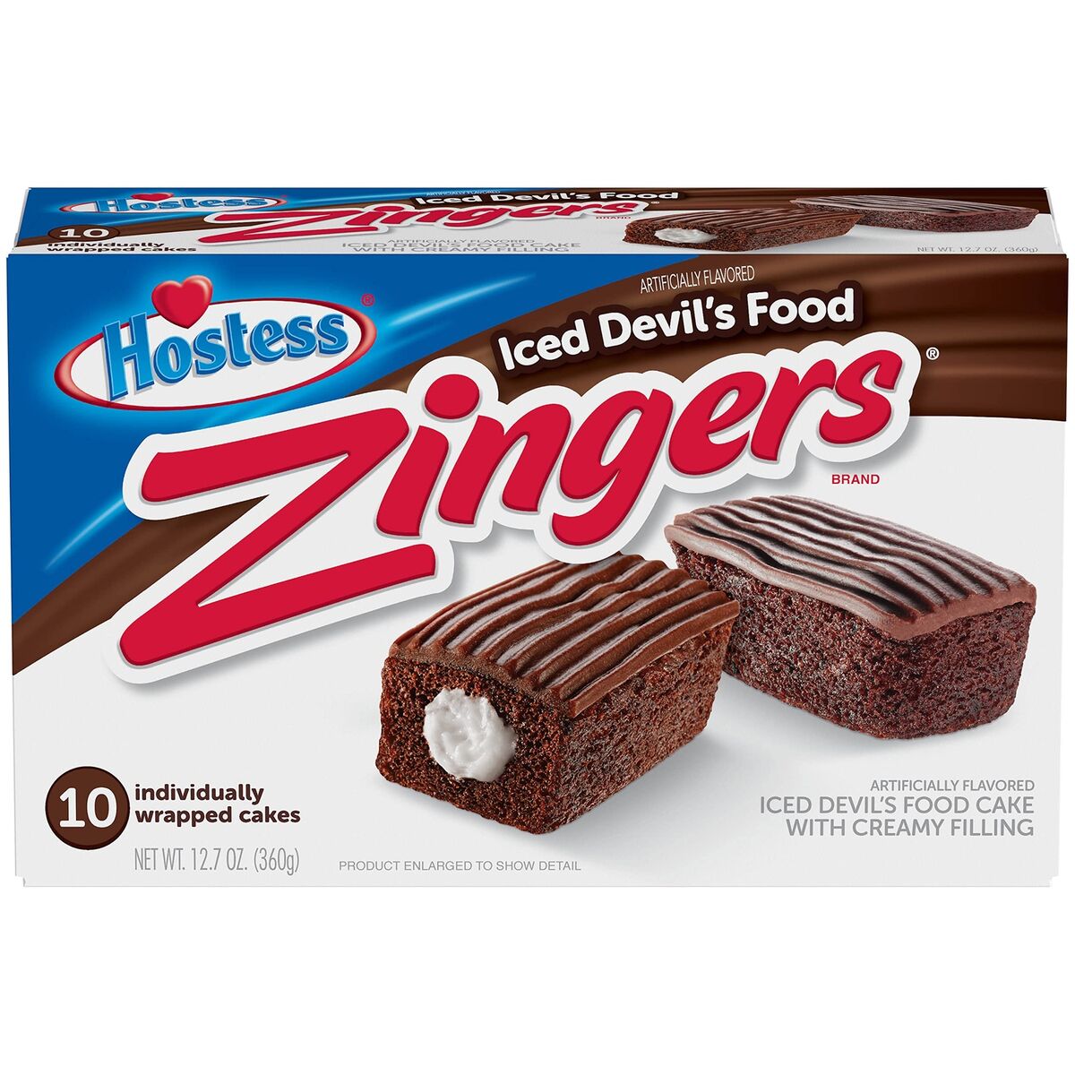 Front of Hostess Iced Devil Food Zingers box showing brand logo, rich chocolate cake with creamy filling, and 360g pack size