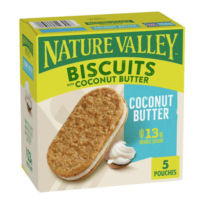 Front of Nature Valley Biscuits with Coconut Butter box showing logo, coconut butter flavour label, and image of a biscuit (191g pack)