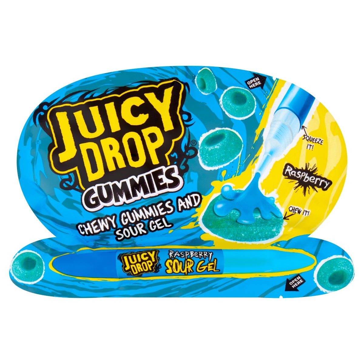 Front of Juicy Drop Gummies pack showing the logo, blue raspberry flavour, chewy gummies, and the 57g label