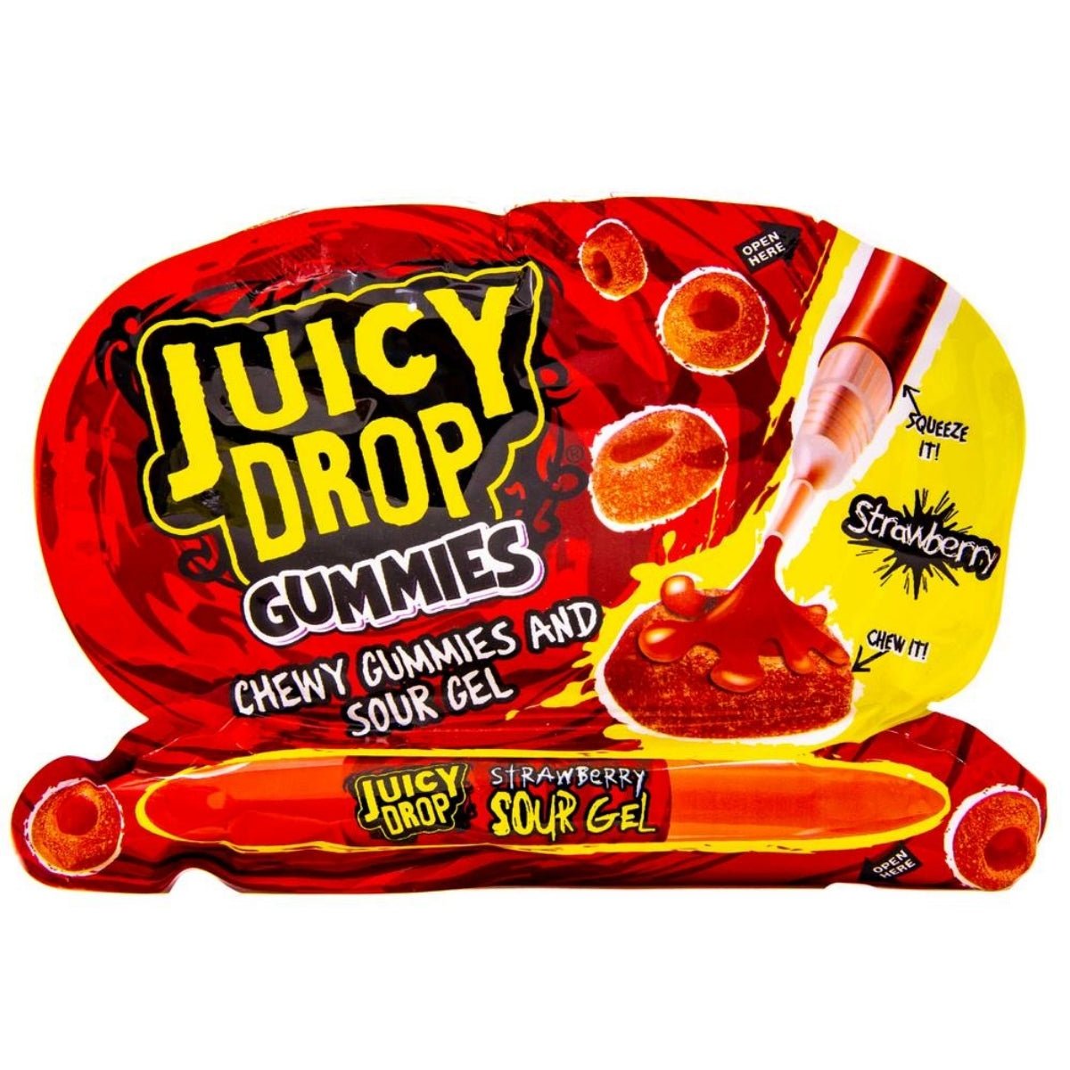 Front of Juicy Drop Gummies Strawberry packaging showing bright red design, chewy gummies and strawberry sour gel in a 57g pack.