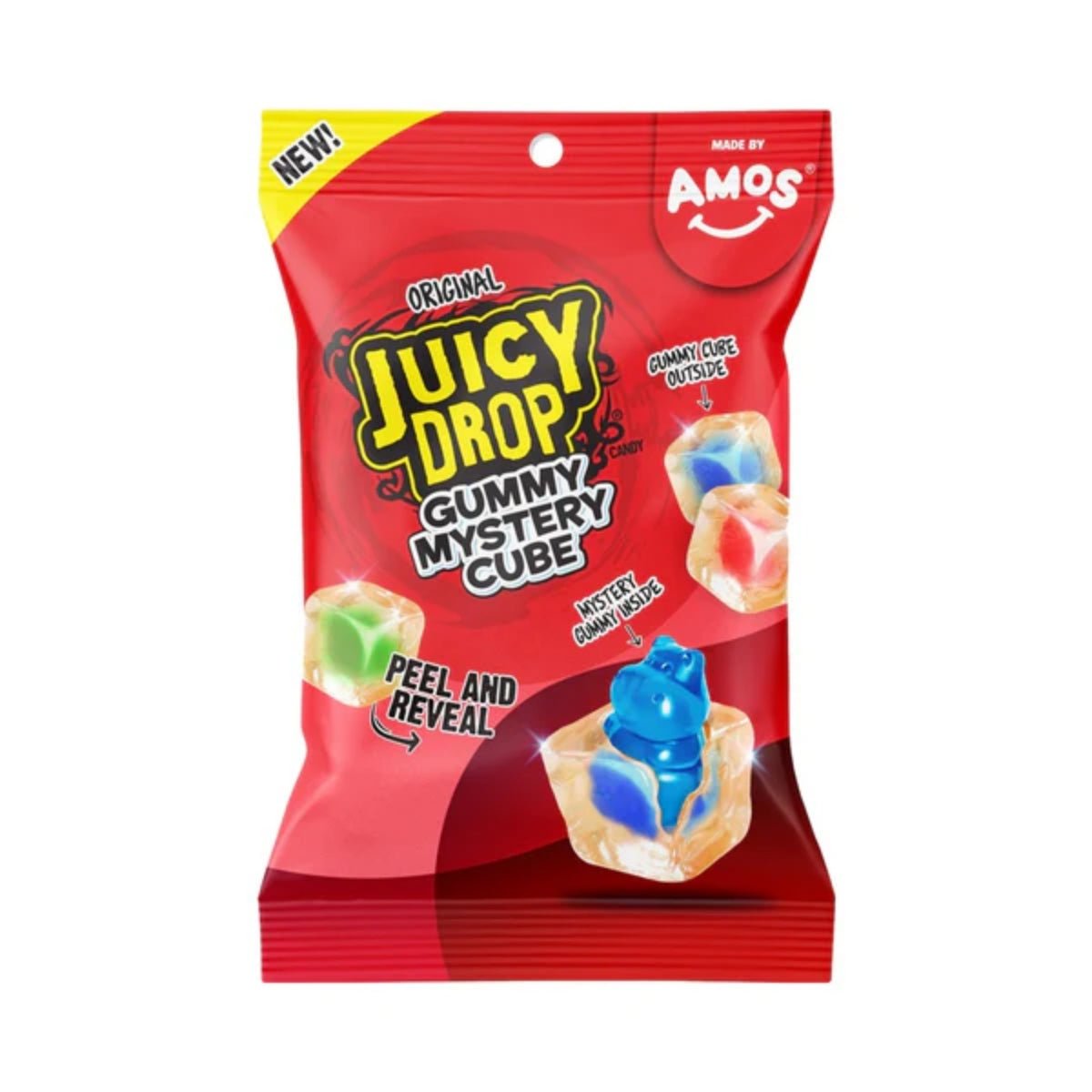 Front of Juicy Drop Gummy Mystery Gummy Cubes bag showing bold red packaging, logo, and colourful gummy cubes (142g)