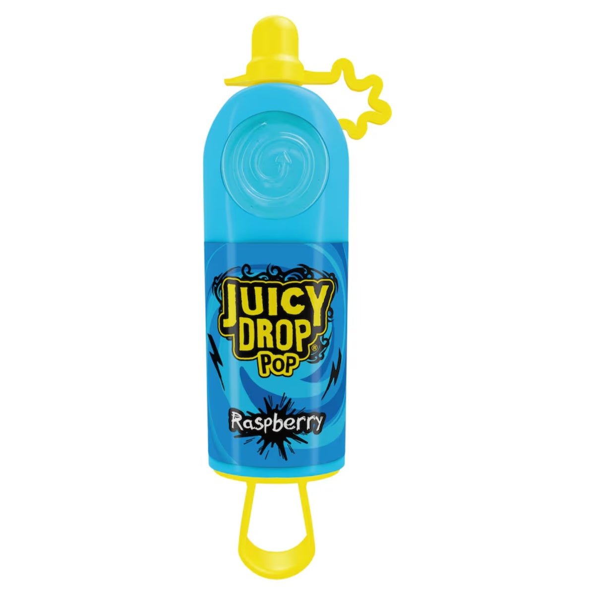 Front of Juicy Drop Pop Blue Raspberry packaging showing bold logo and vibrant blue raspberry design (26g)