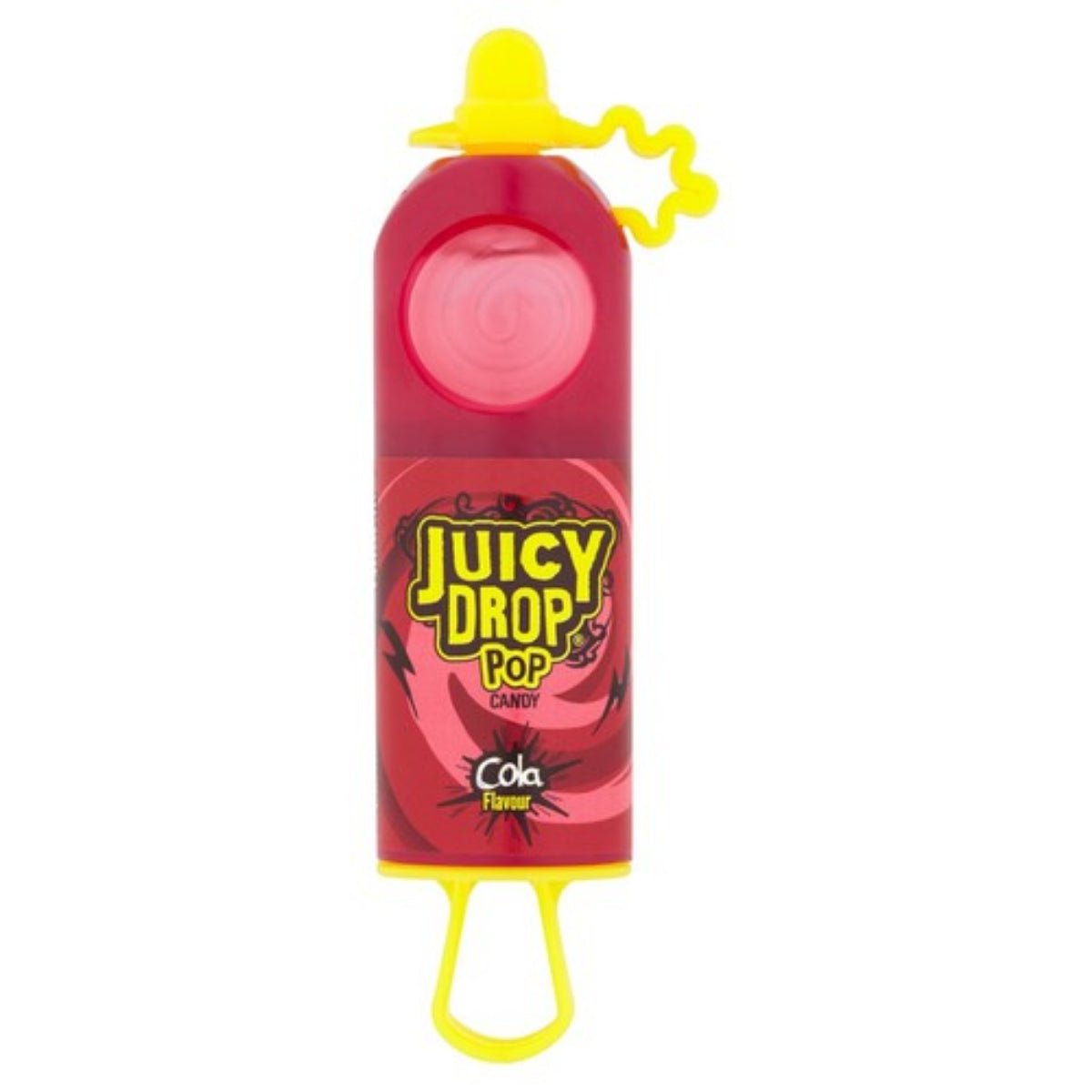 Front of Juicy Drop Pop Cola candy showing vibrant packaging with logo and cola flavour label (26g pack)