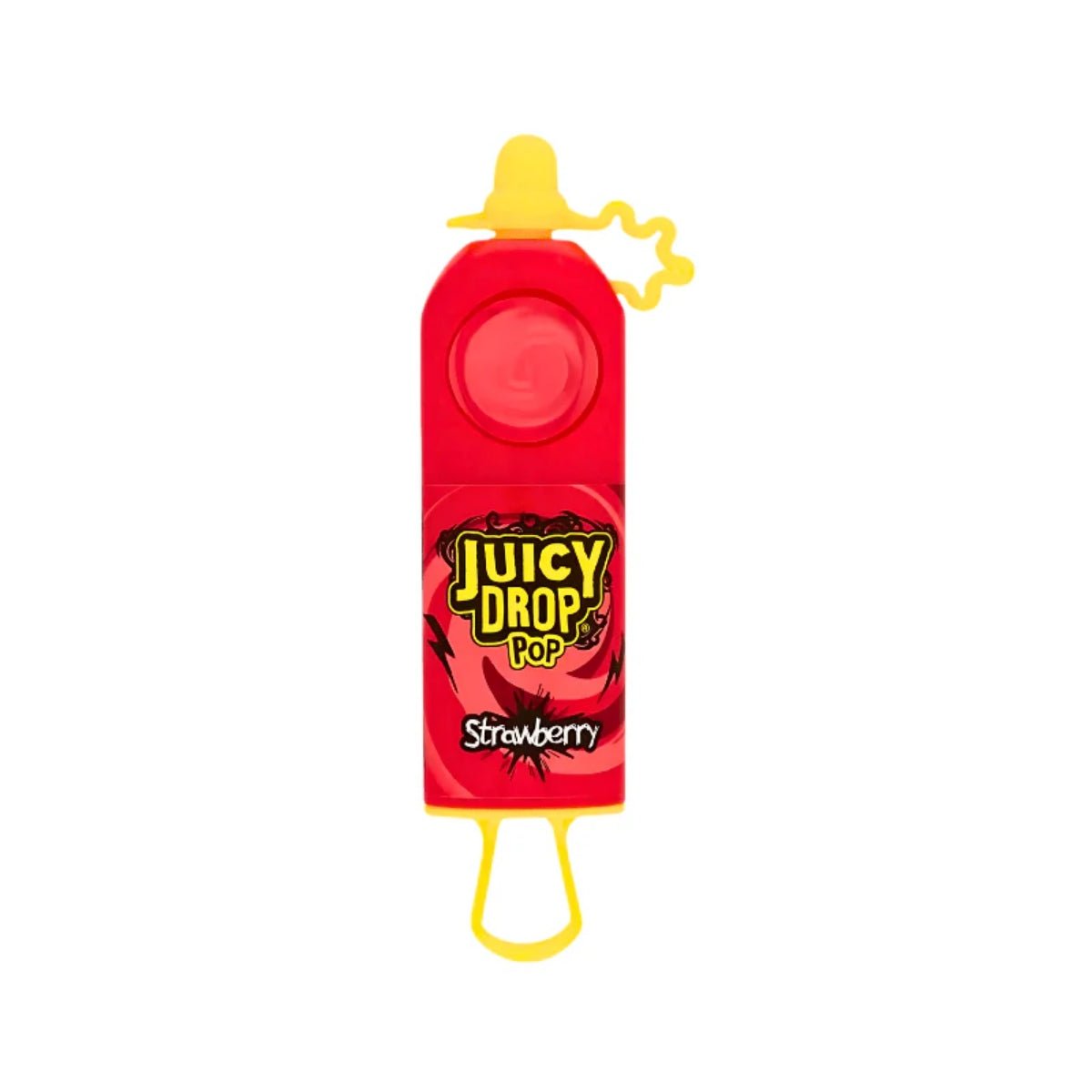 Front of Juicy Drop Pop Strawberry showing bold logo, red design, and yellow cap (26g pack)