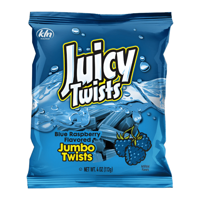 Front of Juicy Twists Blue Raspberry bag showing bold logo, blue raspberry flavour, and pack size (113g)