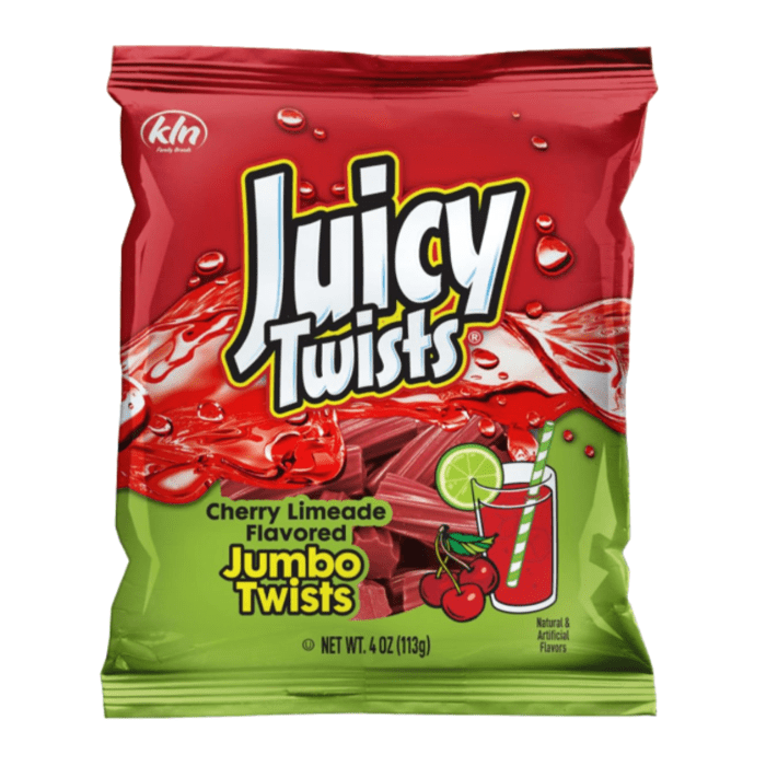 Front of a bag of Juicy Twists Cherry Limeade showing logo, cherry and lime graphic, and jumbo twists with pack size (113g).
