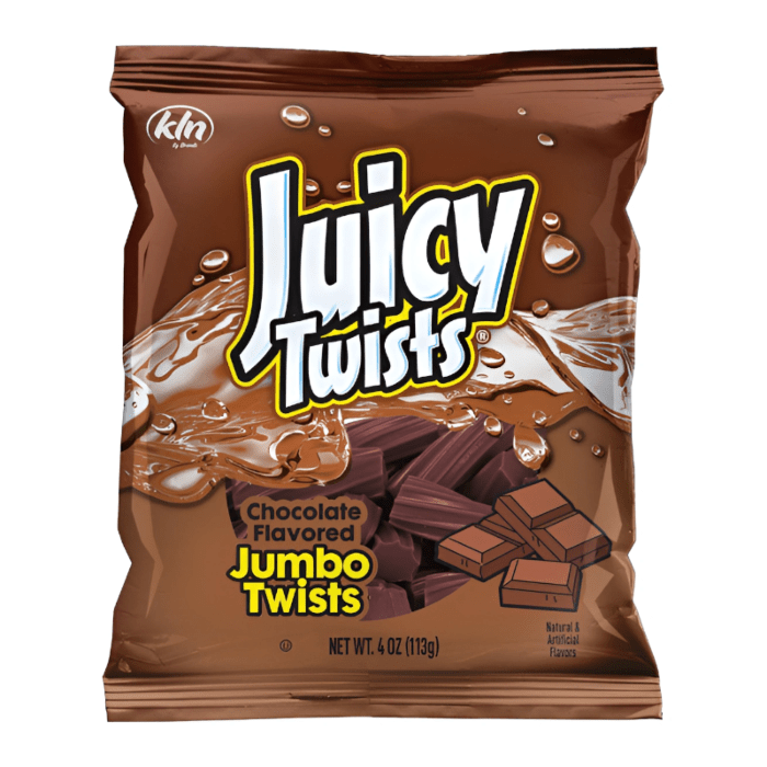 Front of a pack of Juicy Twists Chocolate showing logo, chocolate flavour label, and chocolate twists (113g)