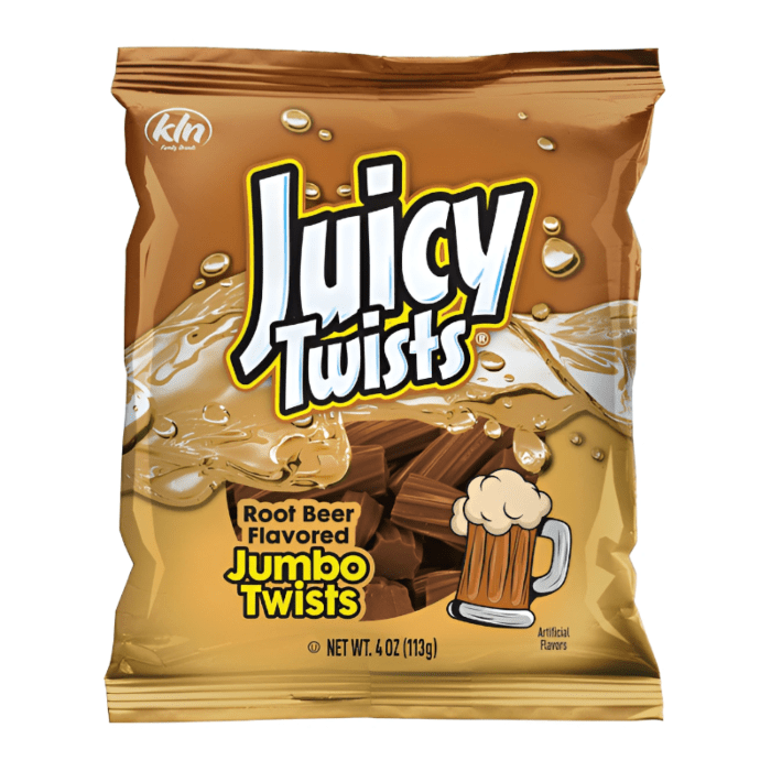 Front of Juicy Twists Root Beer bag featuring the logo, root beer flavour, and image of chewy candy pieces (113g pack)