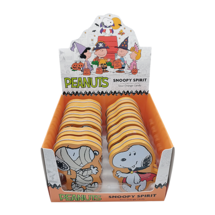 Front of Snoopy Spirit Sour Orange Candy Tin showing colourful design with characters and sour orange candy label (28g)