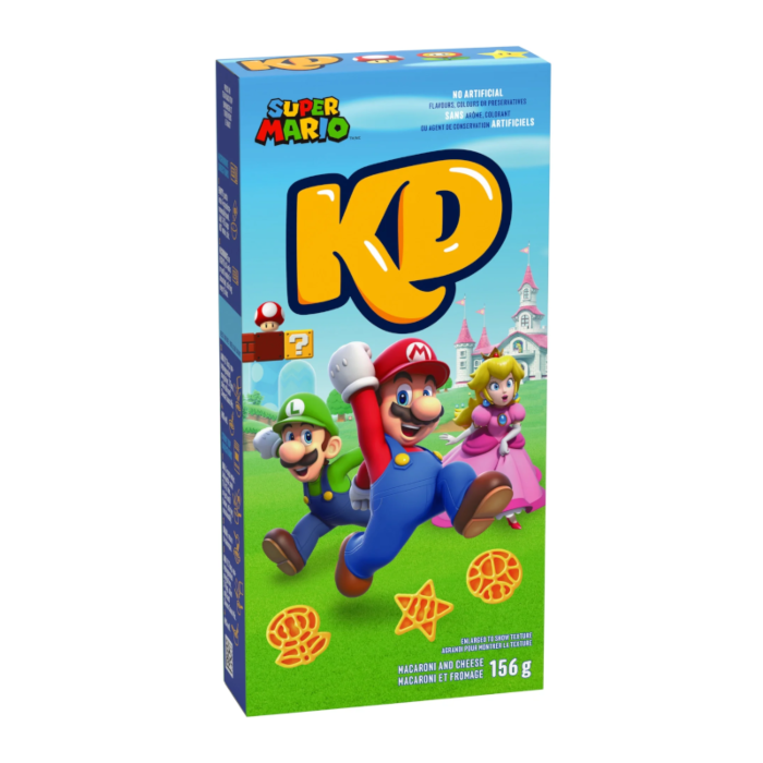 Front of Kraft Mac & Cheese Mario Limited Edition box showing the logo, characters Mario, Luigi, and Princess Peach, and playful pasta shapes (204g pack)