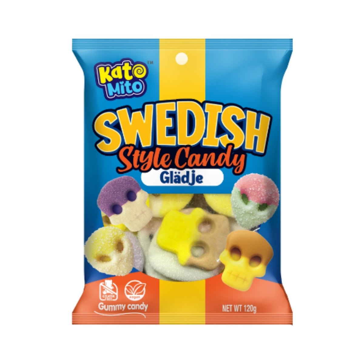 Front of Kato Mito Swedish Style Joy Candy bag showing colourful gummy candies in various shapes, with the logo and pack size (120g)