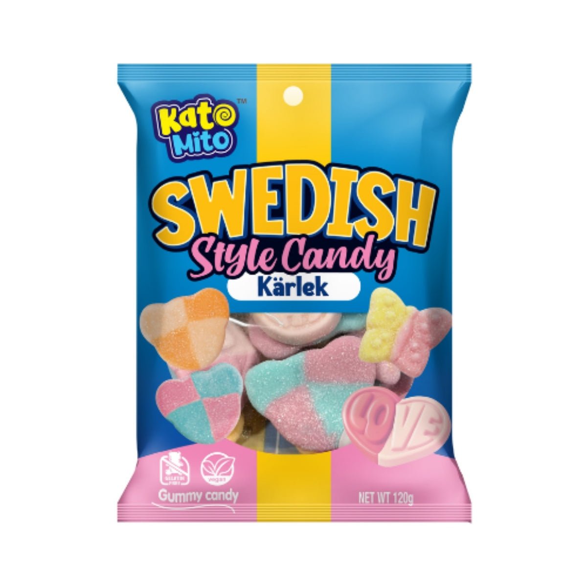 Front of Kato Mito Swedish Style Love Candy bag featuring colourful gummy shapes and "Love" candy, in a 120g pack