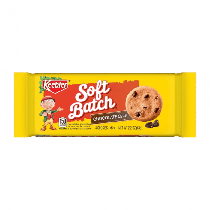 Front of Keebler Soft Batch Chocolate Chip Cookies package showing logo, chocolate chip cookie image, and 64g pack size.