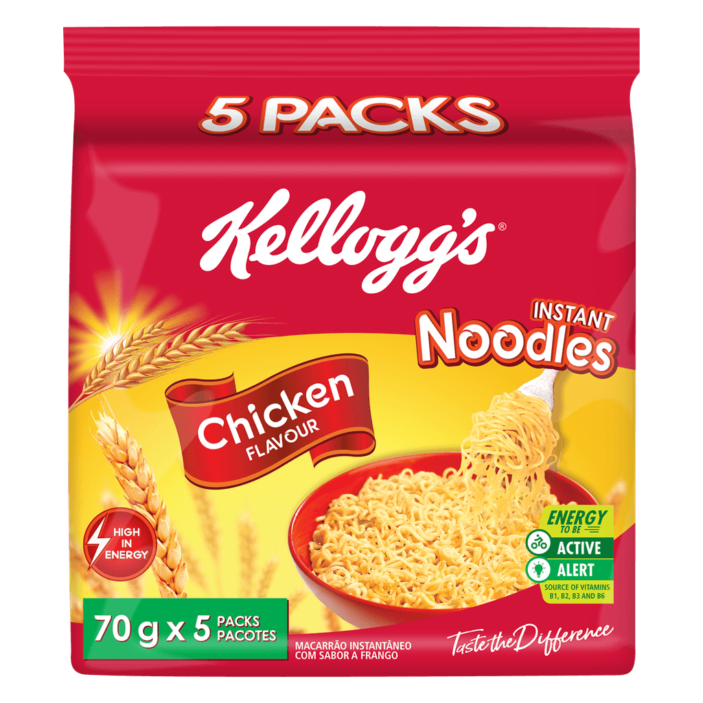Front of Kellogg's Chicken Instant Noodles package showcasing red and yellow packaging with logo, chicken flavour label, and image of noodles in a bowl (70g, 5 Pack)