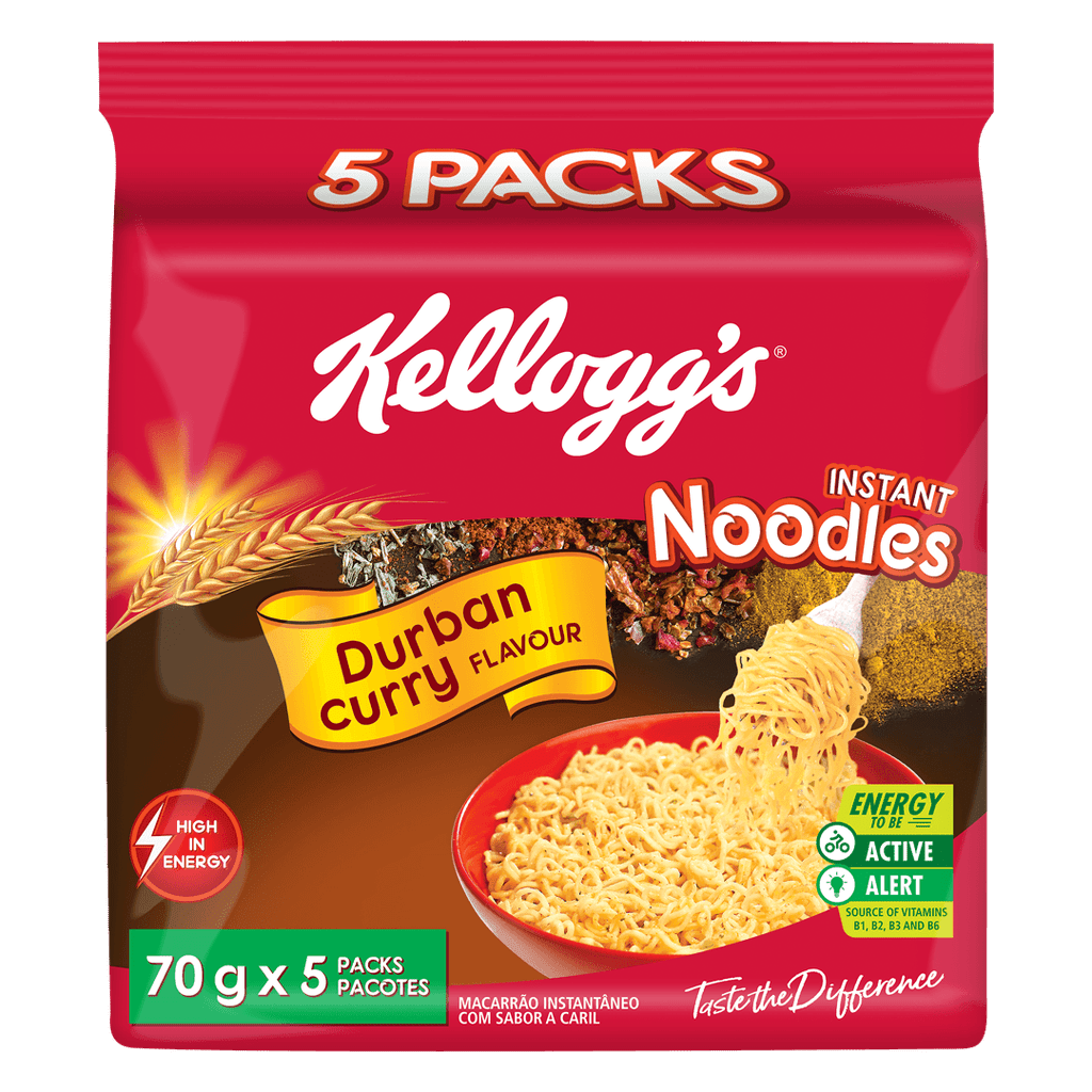 Front of Kellogg's Durban Curry Instant Noodles pack showing logo, curry flavour label, and image of noodles (70g x 5 pack)