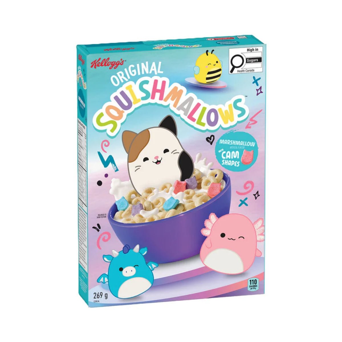 Front of Kellogg's Original Squishmallow Cereal box showing colourful packaging, marshmallow shapes, and 269g pack size