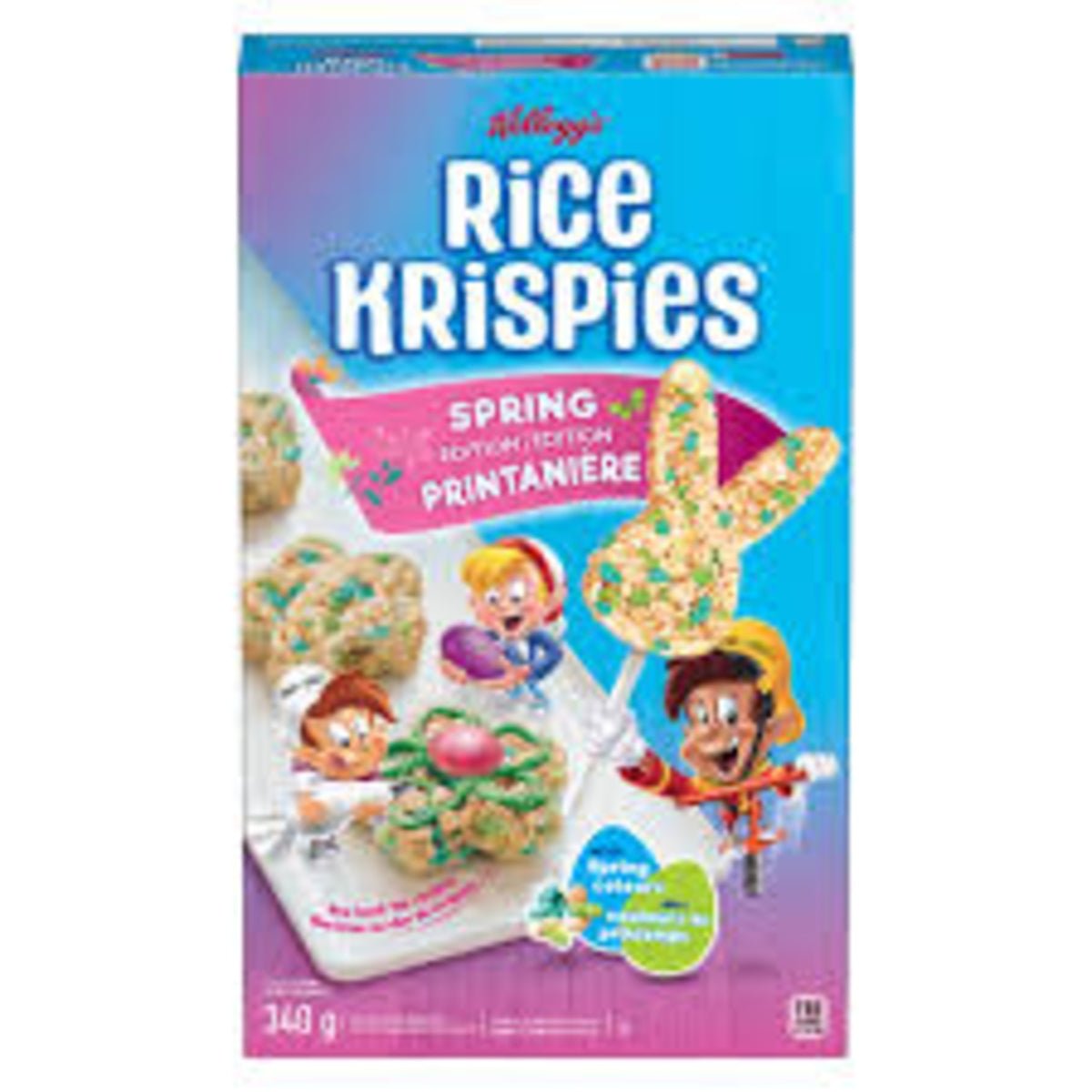Front of Kellogg's Rice Krispies Spring Edition box featuring colourful designs, characters, and 340g pack size.