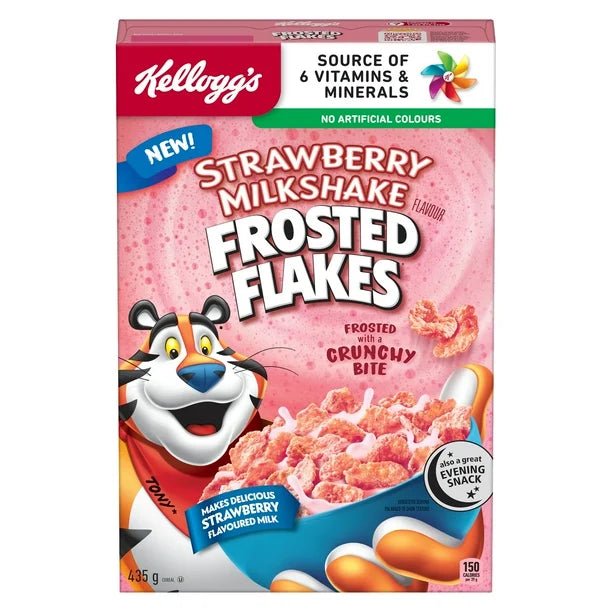 Front of Kellogg's Strawberry Milkshake Frosted Flakes box showing bold pink background, strawberry milkshake flavour text, and image of cereal (329g pack)