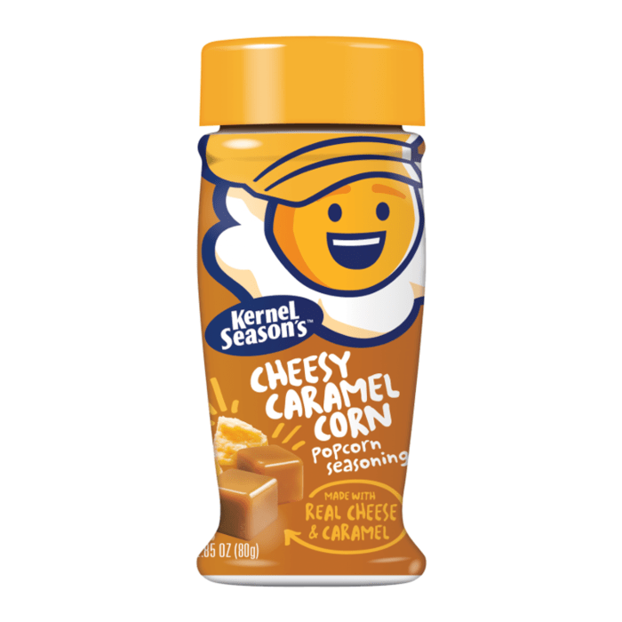 Front of Kernel Season's Roasted Cheesy Caramel Popcorn Seasoning bottle showing the logo, popcorn seasoning details, and 80g size.