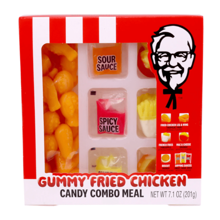 Front of KFC Gummy Fried Chicken Combo Meal box showing gummy fried chicken, sauces, and logo (201g pack)
