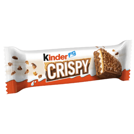 Front of Kinder Crispy Bar wrapper showing the Kinder logo and crispy chocolate bar design (34g pack)