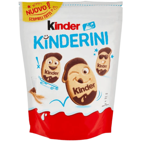 Front of Kinder Kinderini bag featuring colourful imaging of biscuit characters, Kinder logo, and 250g pack size.