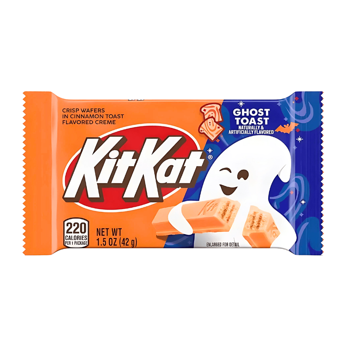 Front of Kit Kat Ghost Toast Cinnamon Toast Flavour packaging showing the logo, ghost character, and crisp wafers (42g package)
