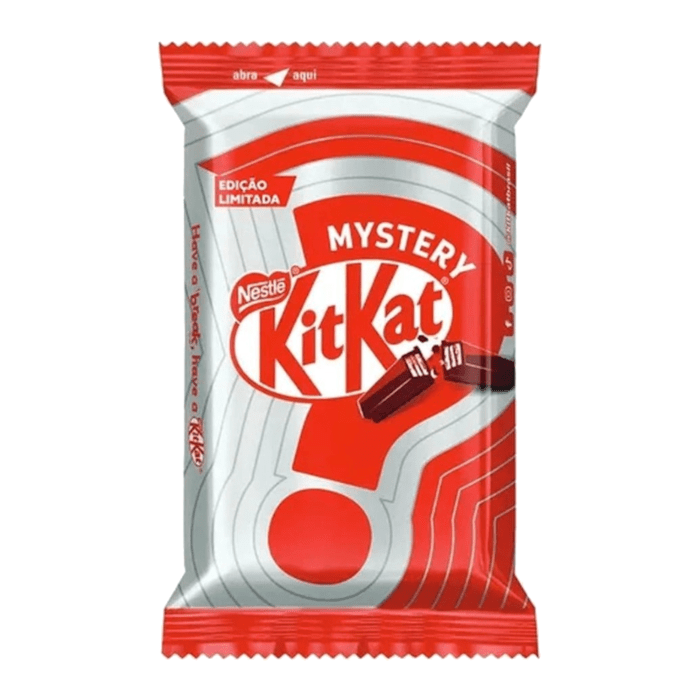 Front of Kit Kat Mystery Flavour pack showing bold red logo, mystery flavour label, and design (41.5g pack)