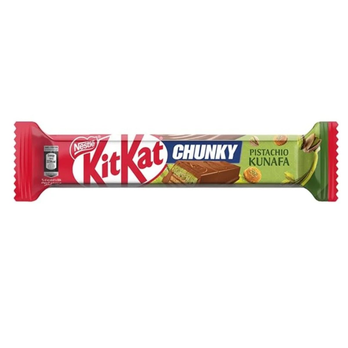 Front of Kit Kat Pistachio Kunafa bar showing Kit Kat logo, pistachio flavour details, and vibrant packaging (42g pack)